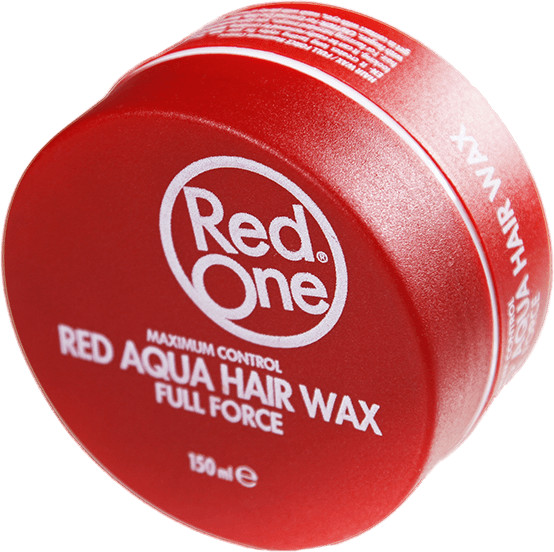 Red One Aqua Hair Wax in a vibrant red container, 150 ml, featuring a smooth finish and bold white lettering, labeled for maximum control and full force styling.