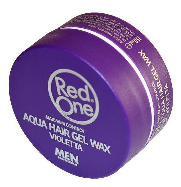 Purple round container of RedOne Violette Aqua Hair Wax, labeled "Maximum Control" and "150ml," featuring a sleek design for men's hair styling.