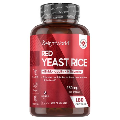 Red Yeast Rice capsules in a dark red bottle, labeled with "WeightWorld," featuring 290mg per capsule, 180 capsules, and highlights for Vitamin B1 and gut support.