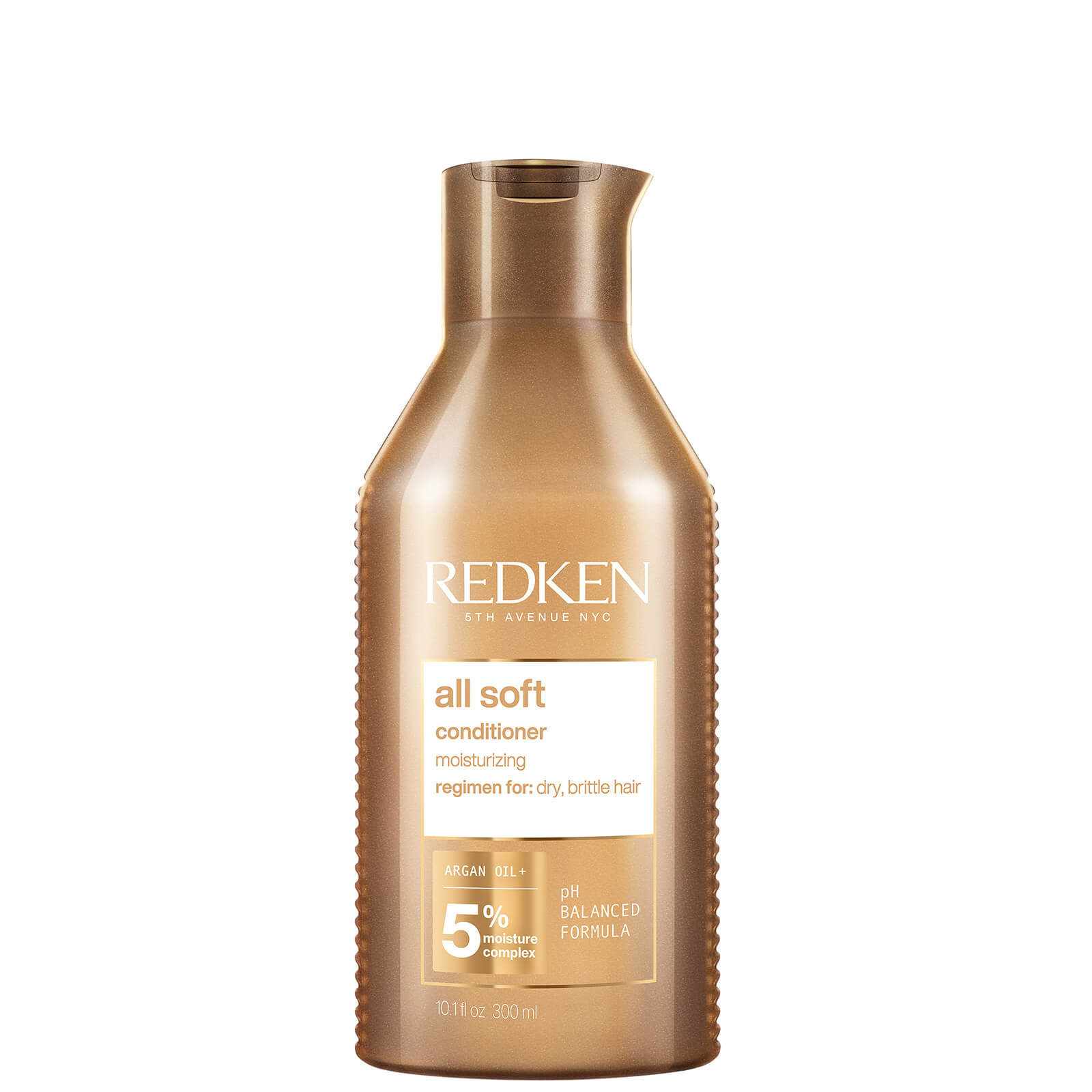 Redken All Soft Conditioner in a 300ml amber bottle with a gold cap, featuring a label that highlights moisturizing benefits and contains argan oil for dry, brittle hair.