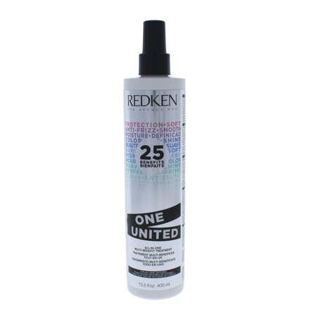 Redken One United treatment in a sleek white bottle with a black spray nozzle, featuring colorful text highlighting 25 benefits, 13.5 oz size.