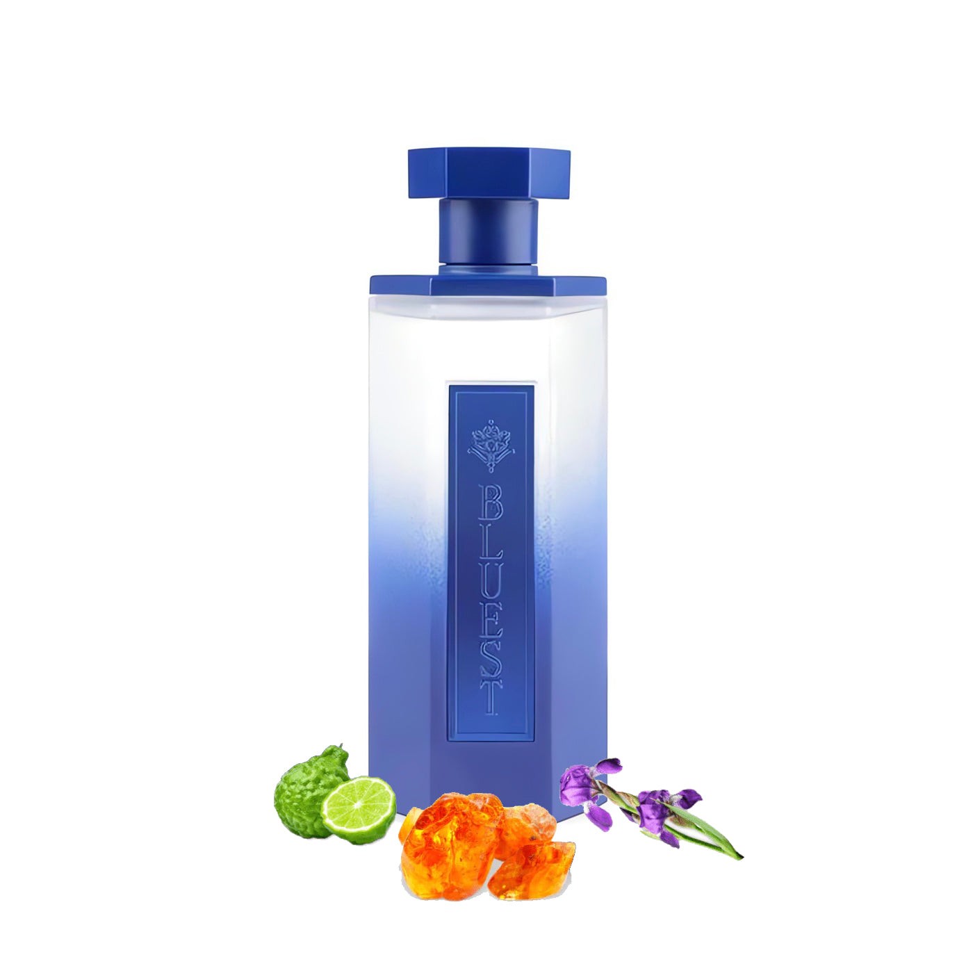 Clear glass bottle with a gradient blue design, featuring a blue cap and the word "BLUEST" embossed on the front, surrounded by lime, amber, and violet flowers.