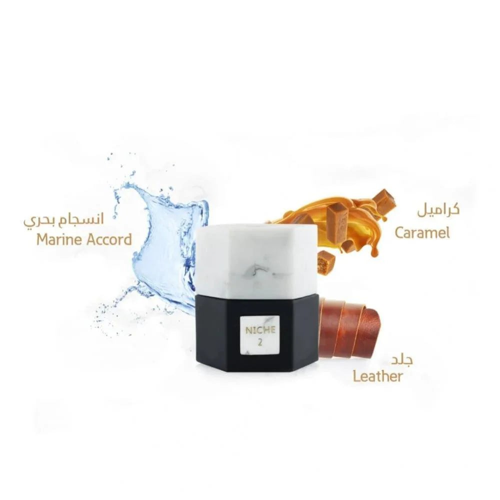 Niche 2 Eau De Parfum by Reef features a sleek, black and white bottle with a textured cap, accompanied by visuals of marine accord, caramel, and leather elements.