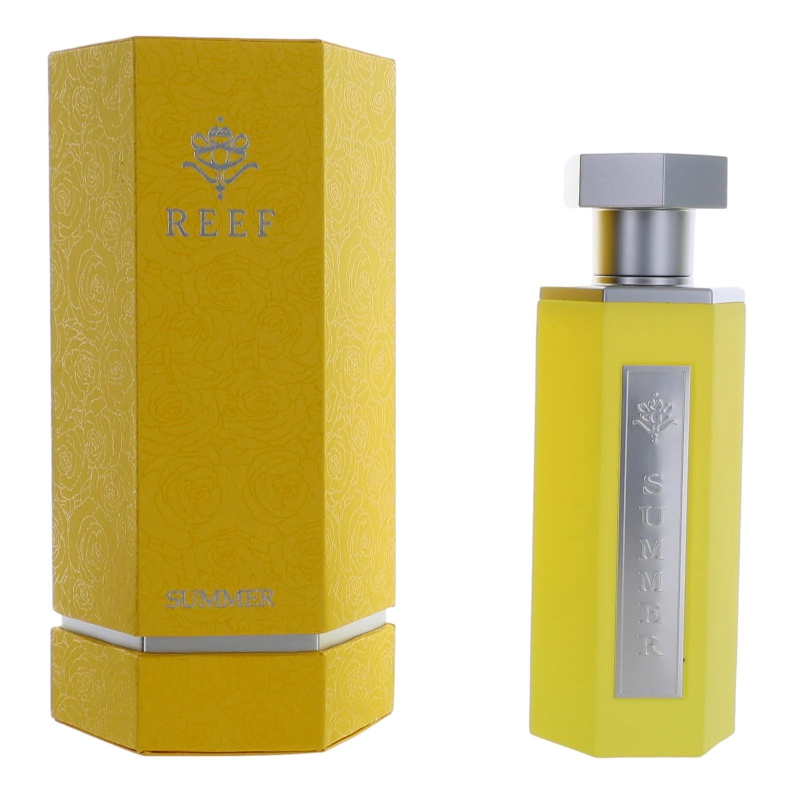 Bright yellow rectangular bottle of "Summer Yellow Eau De Parfum" by Reef, featuring a silver cap and label, alongside a matching yellow floral-patterned box.