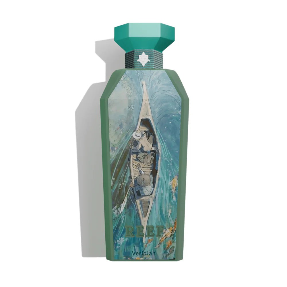 Green bottle with a geometric cap, featuring a colorful illustration of a canoe scene on the front, labeled "REEF Veridian EDP 150ml" at the bottom.