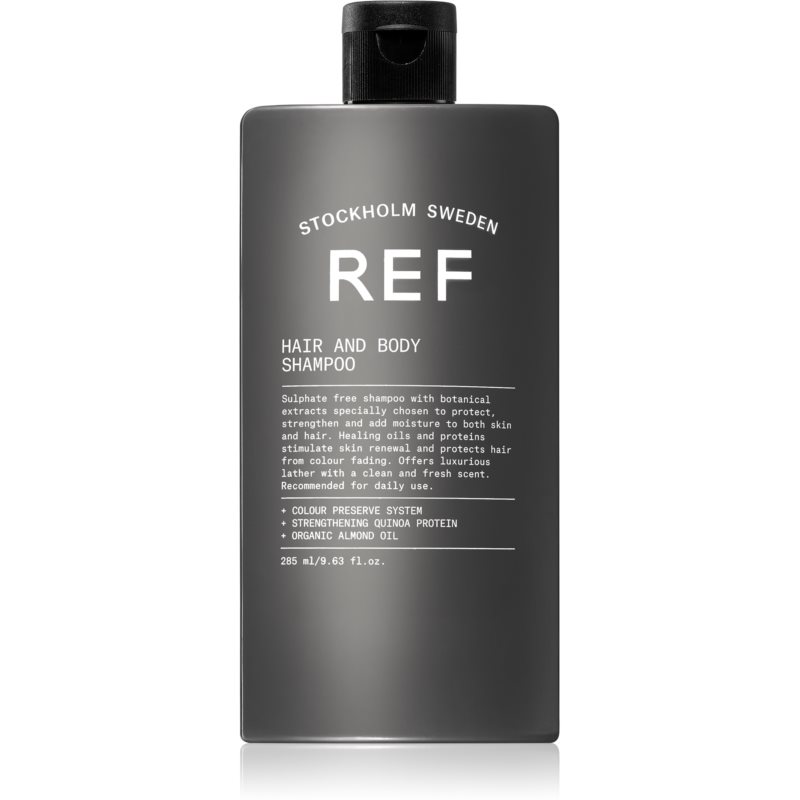 Black bottle of REF Hair & Body Shampoo for Men, featuring white text and a pump top, labeled as sulfate-free with botanical extracts, 285ml size.