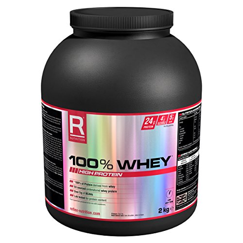 Black container of Reflex Nutrition 100% Whey protein powder, 2.2kg, featuring a colorful label with nutritional information and "Double Rich Chocolate" flavor prominently displayed.