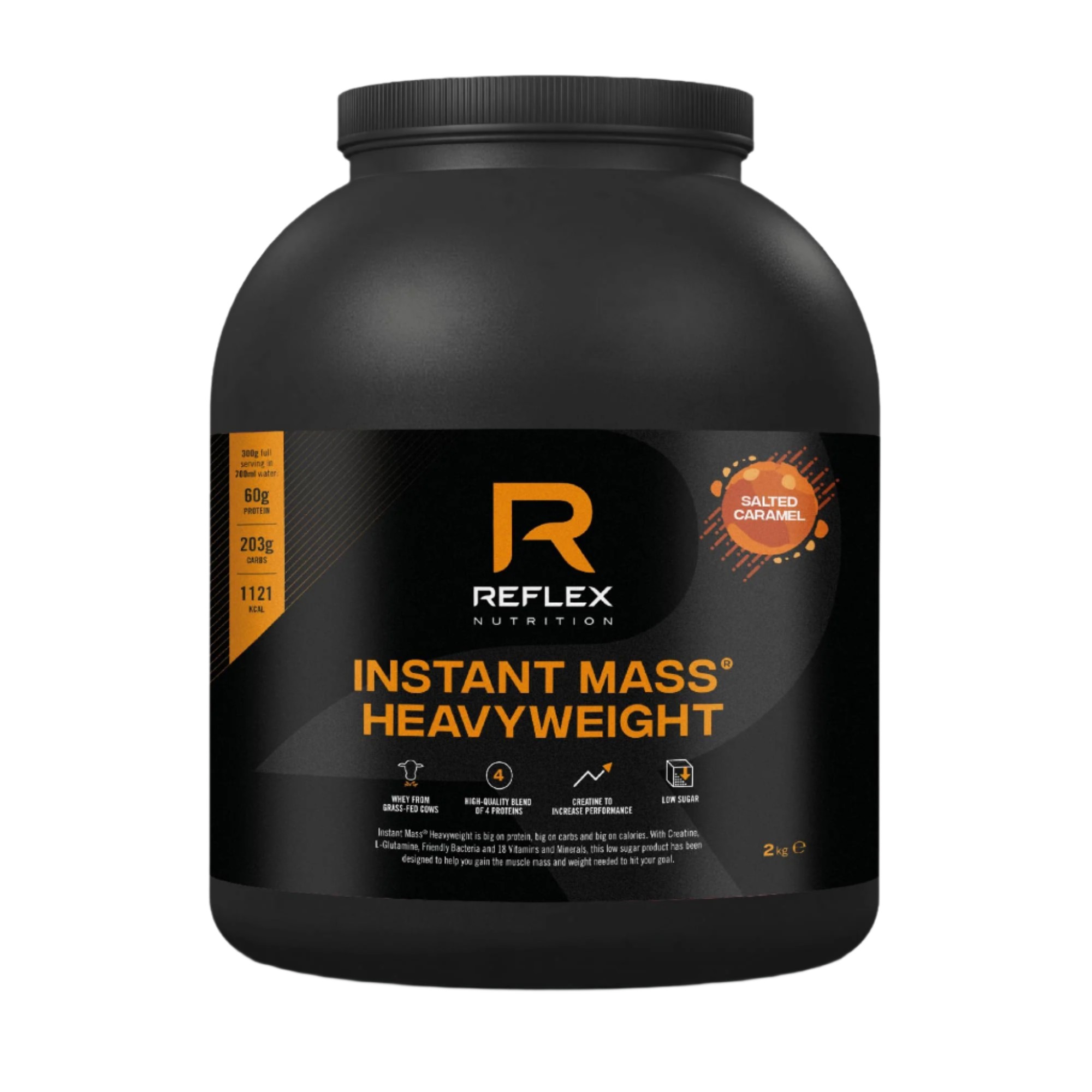 Black container of Reflex Nutrition Instant Mass Heavyweight 2kg with a salted caramel flavor label, featuring bold orange accents and nutritional information on the front.