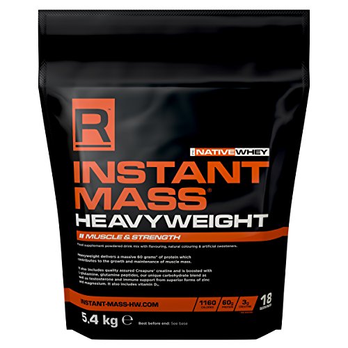 Black and orange bag of Reflex Nutrition Instant Mass Heavyweight protein powder, 5.4kg, featuring bold text and nutritional information on the front.