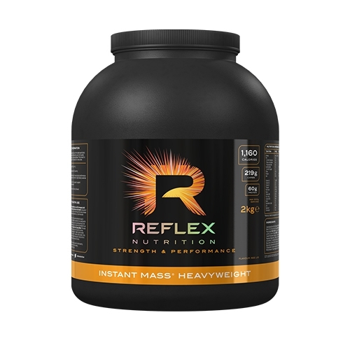 Black and gold tub of Reflex Nutrition Instant Mass Heavyweight 2kg, featuring a vibrant logo and text, with a flavor label reading "Strawberries & Cream."