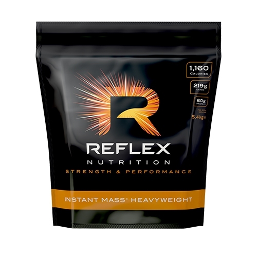 Black and orange pouch of Reflex Nutrition Instant Mass Heavyweight, 5.4kg, featuring a bold "R" logo, nutritional information, and flavor label of Strawberries & Cream.