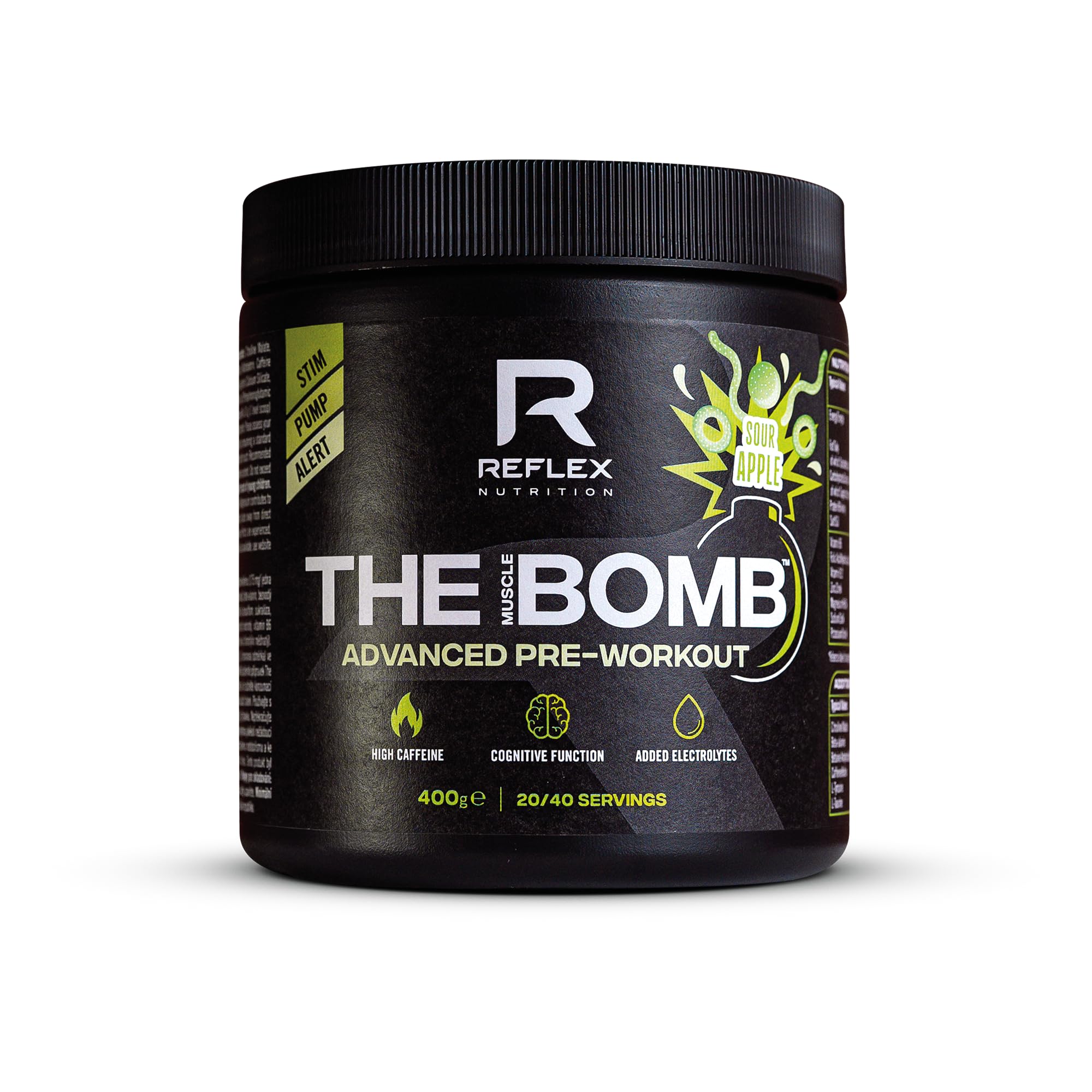 Black container with a green and white label, featuring "THE BOMB" in bold letters, indicating sour apple flavor, 400g, and details about high caffeine and added electrolytes.