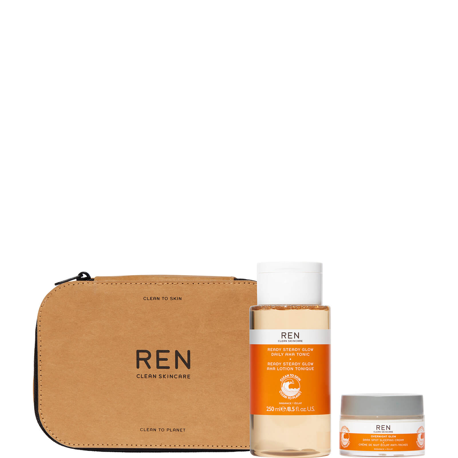 A tan zippered pouch contains a 250ml tonic and a 50ml cream, both featuring bright orange labels with white text, highlighting REN's clean skincare branding.