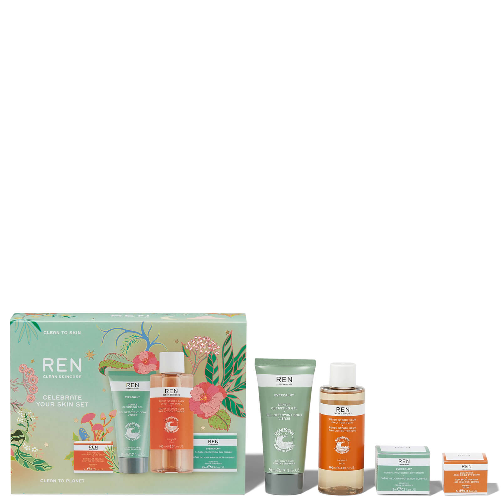 Four-piece REN Celebrate Your Skin Gift Set featuring a green tube, clear bottle, and two small boxes, all in a floral-themed box with pastel colors.