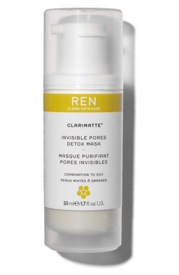 White pump bottle with a clear cap, labeled "REN Clarimatte Invisible Pores Detox Mask 50ml," featuring yellow accents and text, designed for combination to oily skin.
