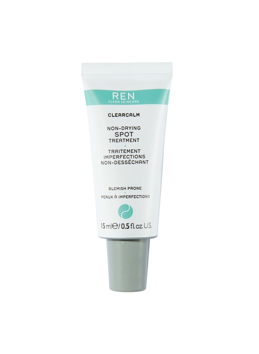 White tube with a light turquoise label, featuring "REN ClearCalm Non-Drying Spot Treatment" text, 15ml size, designed for blemish-prone skin.