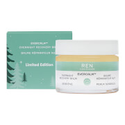 White jar with a pale yellow balm inside, labeled "REN Evercalm Overnight Recovery Balm" with a green logo, accompanied by a festive green box featuring tree graphics.