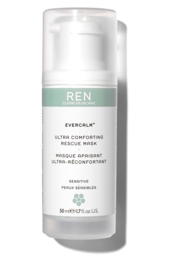 White and green pump bottle labeled "Evercalm Ultra Comforting Rescue Mask" by REN, featuring a sleek design and a capacity of 1.7 fl oz, suitable for sensitive skin.