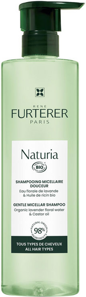 Transparent green bottle with a black pump, labeled "Naturia Gentle Micellar Shampoo" by René Furterer, featuring lavender floral water and suitable for all hair types.