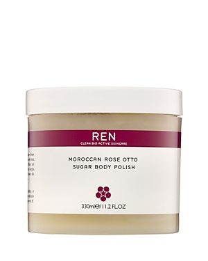 A clear jar of REN Moroccan Rose Otto Sugar Body Polish, featuring a white body and a deep pink label, labeled 330ml/11.2oz, showcasing new packaging for women.