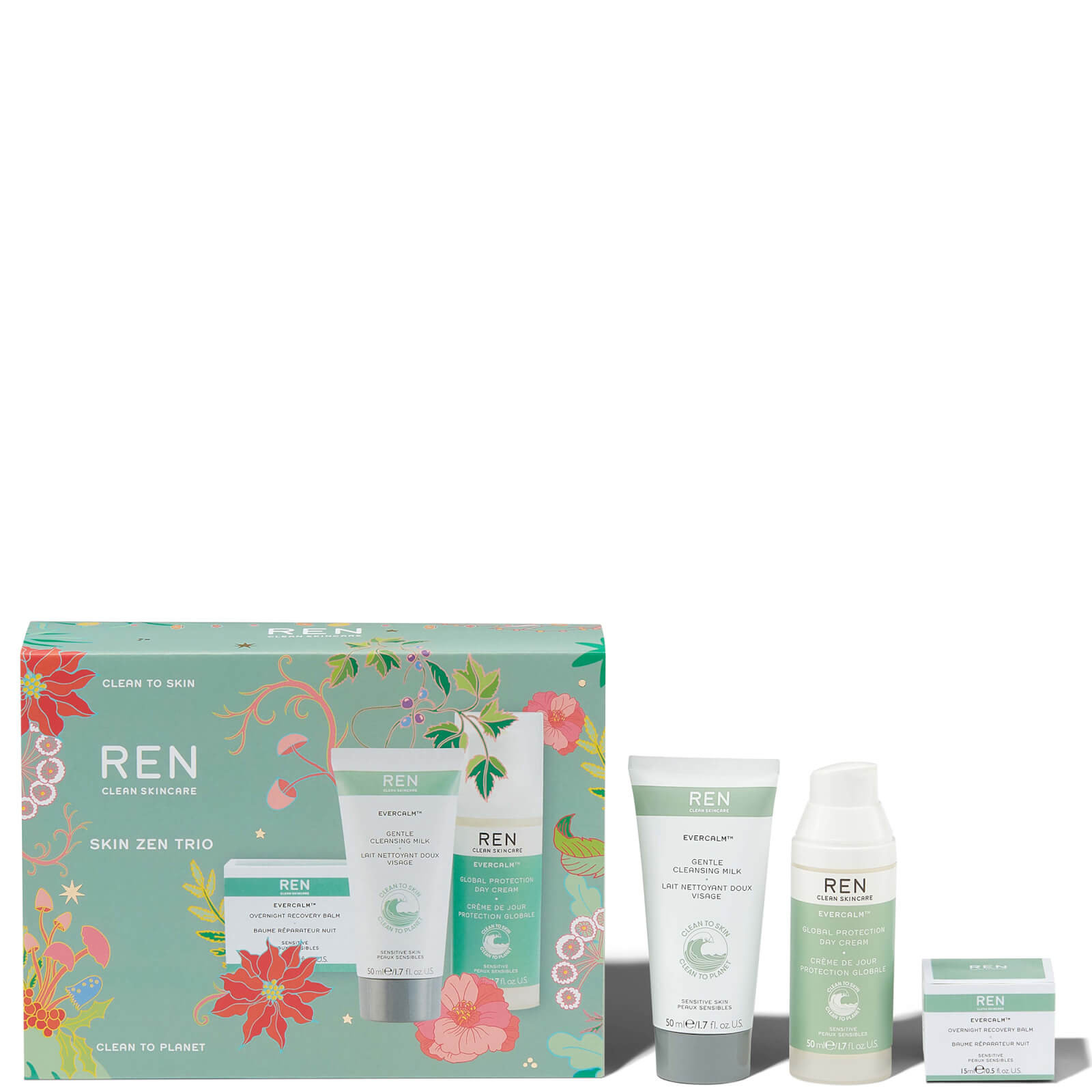 Three-piece skincare gift set from REN Clean Skincare, featuring a floral-patterned box in green and pink, containing a cream, cleanser, and mask in coordinating pastel packaging.