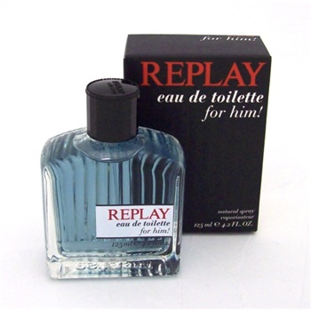 Replay for Him Eau De Toilette 50ml spray features a clear glass bottle with a ribbed design, a black cap, and is packaged in a black box with bold red text.