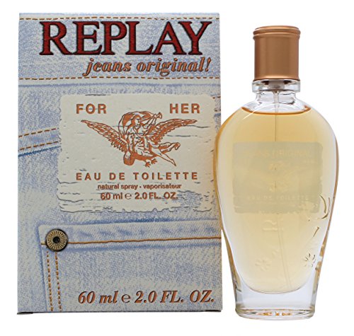Replay Jeans Original EDT spray for women in a clear bottle with a gold cap, displayed alongside a denim-themed box featuring the brand name and product details.