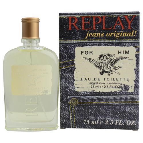 Clear glass bottle with a gold cap, featuring a minimalist label; packaged in a denim-themed box with "REPLAY jeans original!" and "FOR HIM" printed on it.