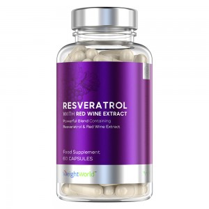 Clear bottle with a purple label featuring "Resveratrol with Red Wine Extract" text, containing white capsules, highlighting 1100mg and 120 high-strength capsules.
