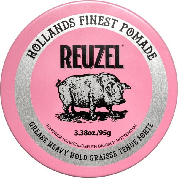 Round pink tin labeled "Reuzel" with a silver border featuring a pig illustration, containing heavy hold pomade, 95g, designed for strong hold and medium shine.