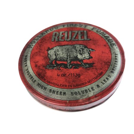 Red metal tin of Reuzel High Sheen Pomade, featuring a pig graphic and vintage-style text, labeled as 4 oz (113g), designed for men's hair styling.