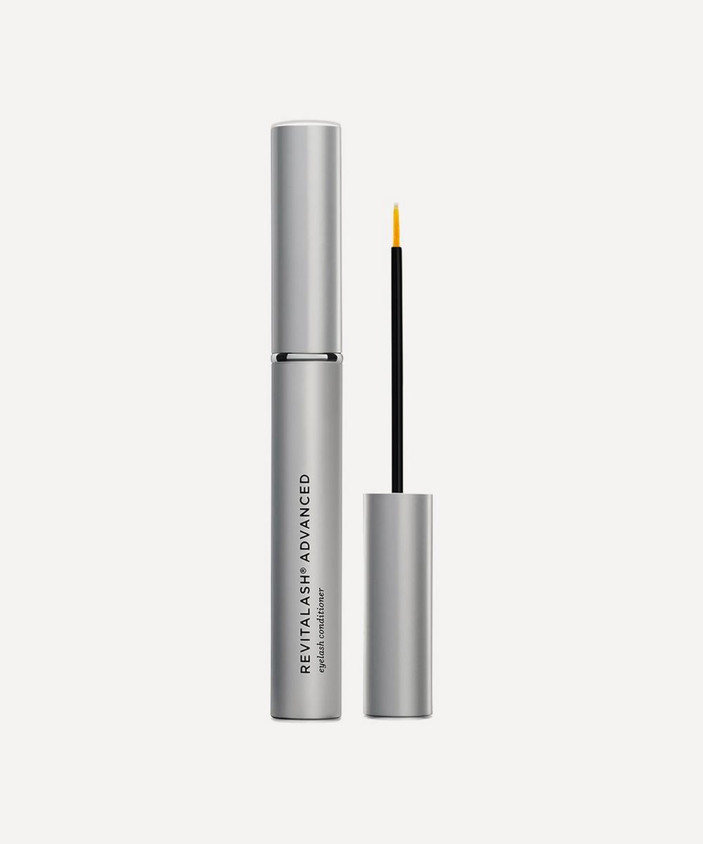 Silver tube of RevitaLash Advanced 3.5ml eyelash serum with a black applicator wand featuring a fine brush tip for precise application.