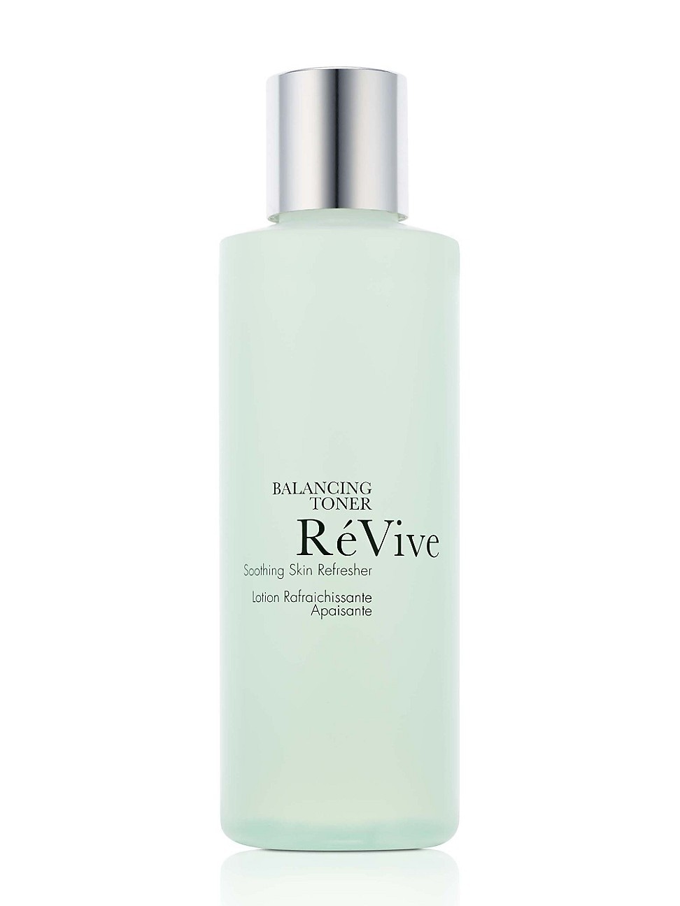 Light green glass bottle of RéVive Skincare Balancing Toner with a silver cap, featuring black text that reads "Balancing Toner" and "Soothing Skin Refresher."
