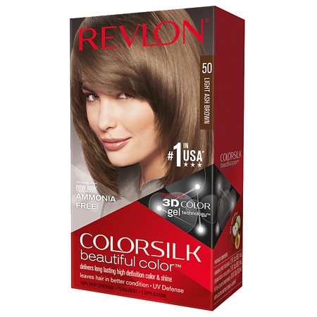 Revlon Colorsilk N 50 Light Ash Brown hair dye box featuring a model with smooth, shiny brown hair, labeled as ammonia-free and highlighting 3D color technology.