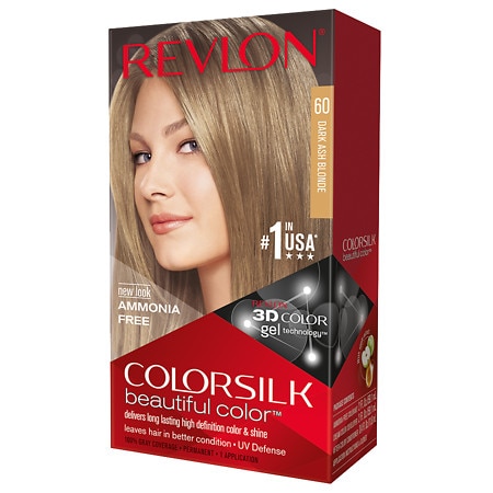 Revlon Colorsilk N 60 Dark Ash Blonde hair dye box featuring a model with long, straight blonde hair, labeled as ammonia-free with 3D color technology and UV defense.