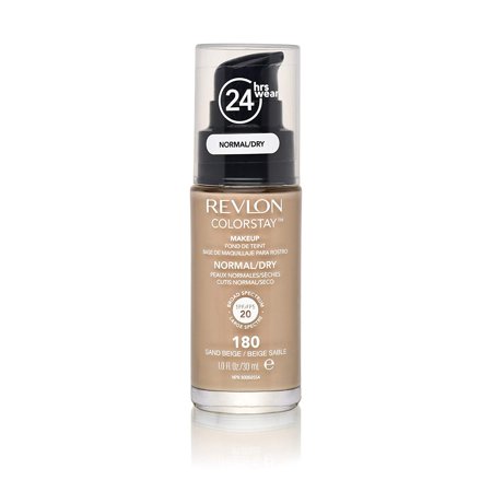 Revlon Colorstay foundation in a clear 30 ml pump bottle, labeled for normal and dry skin, shade 180, featuring a black cap and a 24-hour wear sticker.
