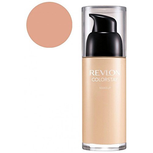Revlon Colorstay foundation in a clear bottle with a black pump, designed for dry and normal skin, 30 ml, shade NORM/DRY 250, alongside a color swatch.