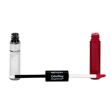 Revlon Colorstay Overtime Lipcolor in Non Stop Cherry features a dual-ended tube with a red liquid lip color and a clear topcoat applicator.