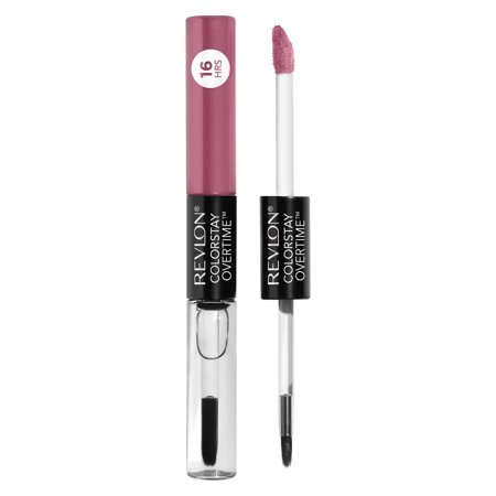 Revlon Colorstay Overtime Lipcolor in "Keep Blushing," featuring a sleek tube with a pinkish mauve shade and a dual-ended applicator with a soft tip.