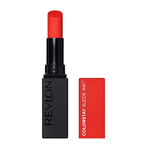 Revlon ColorStay Suede Ink Lipstick in "Feed the Flame," featuring a sleek black tube and a vibrant red bullet, ideal for long-lasting color.