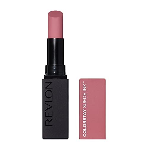Revlon ColorStay Suede Ink Lipstick in "That Girl," featuring a sleek black tube with a matte finish and a soft pink bullet, packaged in a matching pink box.