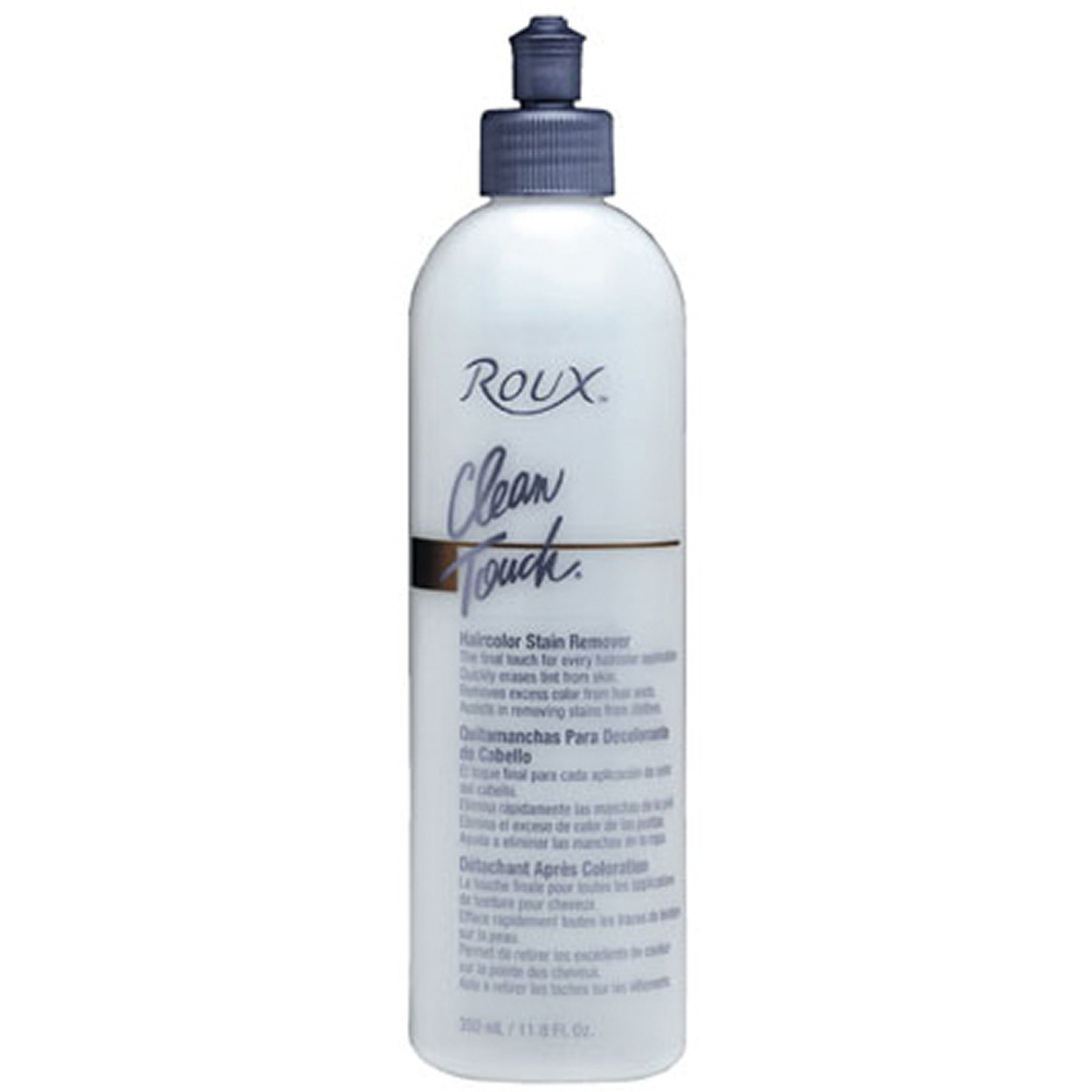 Roux Clean Touch Hair Colour Stain Remover in a white plastic bottle with a black flip-top cap, featuring a sleek design and printed text in black and gold.