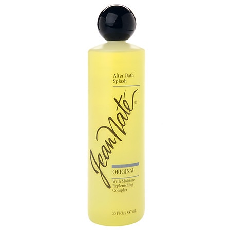 Clear yellow bottle of Jean Nate After Bath Splash by Revlon, featuring a black round cap and elegant script logo, containing 30 fl oz of refreshing fragrance.