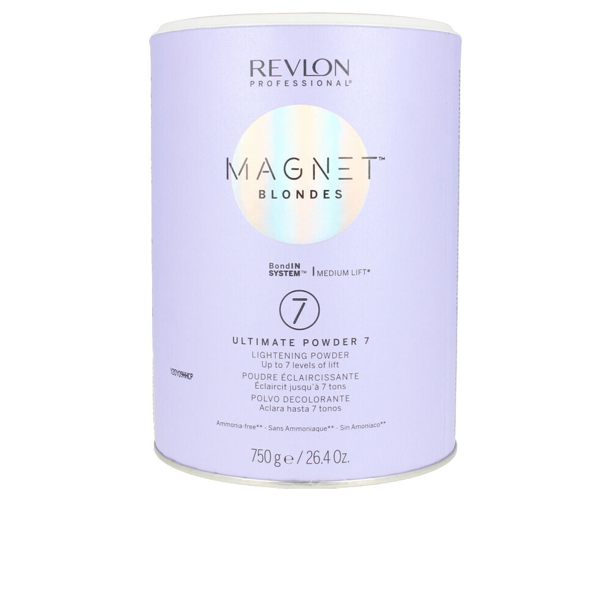 Lavender cylindrical container of Revlon Magnet Blondes 7 Powder, 750g, featuring a holographic logo and text indicating it's a lightening powder for blonde hair.