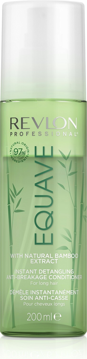 Green plastic bottle of Revlon Equave Detangling Conditioner, featuring bamboo extract, with a pump dispenser and sleek design, labeled for anti-breakage and instant detangling for long hair.