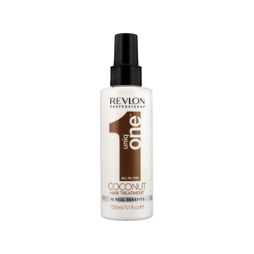 Revlon Professional Uniq All-in-One Coconut Hair Treatment Spray in a sleek white bottle with a black spray nozzle, featuring a prominent brown "1" and "Coconut" label, 150ml.