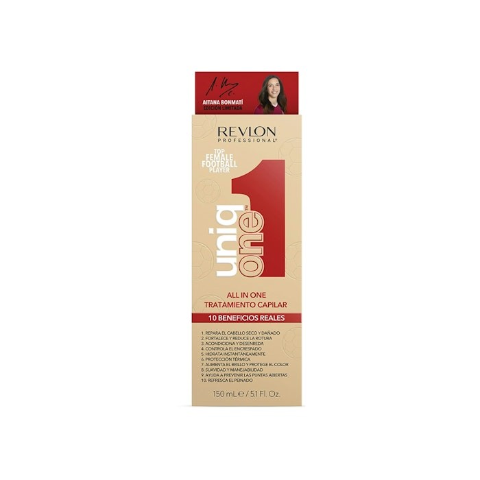 Revlon Uniq One All in One Hair Treatment in a gold and cream box, featuring Aitana Bonmat's image, with text highlighting 10 benefits and a 150 ml size.