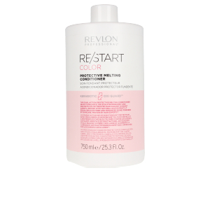 White plastic bottle with a pink label, featuring "Revlon Restart Color Protective Melting Conditioner" text, 750 ml size, and a sleek, modern design.