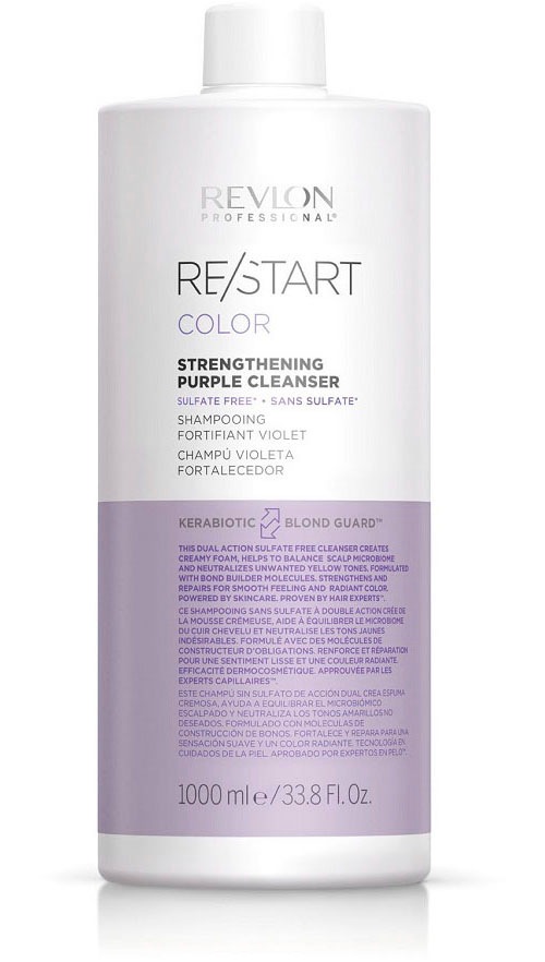 Revlon Professional Re/Start Color Purple Shampoo in a 1000 ml bottle, featuring a sleek design with a purple and white color scheme, labeled as sulfate-free and designed for blonde and highlighted hair.