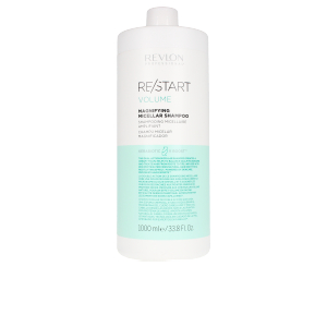 Revlon Restart Volume Magnifying Shampoo in a large 1000ml white bottle with a light blue label, featuring a pump top and sleek, modern design.
